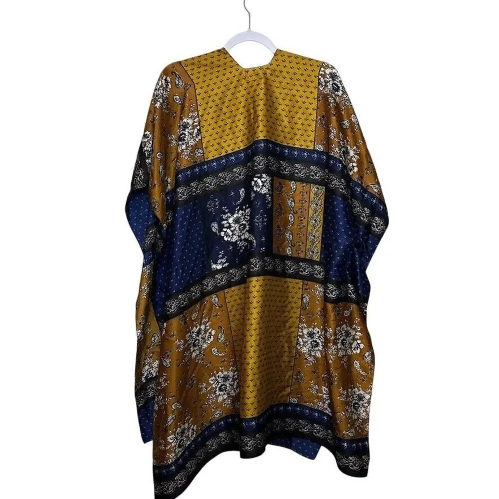Free People Mon Cheri Silky Patchwork Kimono Women's OS Blue Multi Boho‎ Hippie